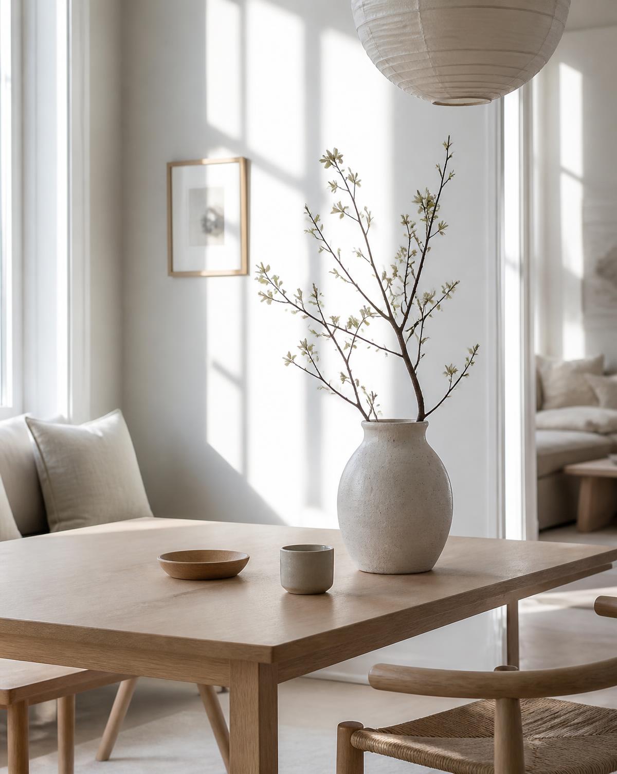 Matplats i ek med keramikvas och mjukt dagsljus